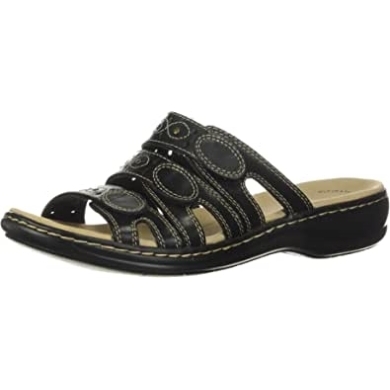 Schwarzes Leder Clarks Leisa Cacti Slide Sandale Für Damen