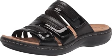 Schwarze Leder Synthetik Combi Clarks Laurieann Mara Flache Damensandale