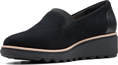Clarks Sharon Dolly Platform Loafer Für Damen Aus Schwarzem Wildleder Mit Dunkelbrauner Welt