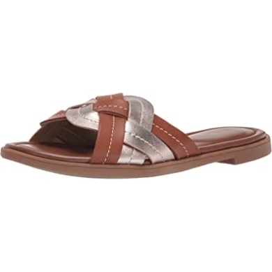 Reyna Weave Flache Sandale Für Damen Clarks Tan Leather Metallic Kombi